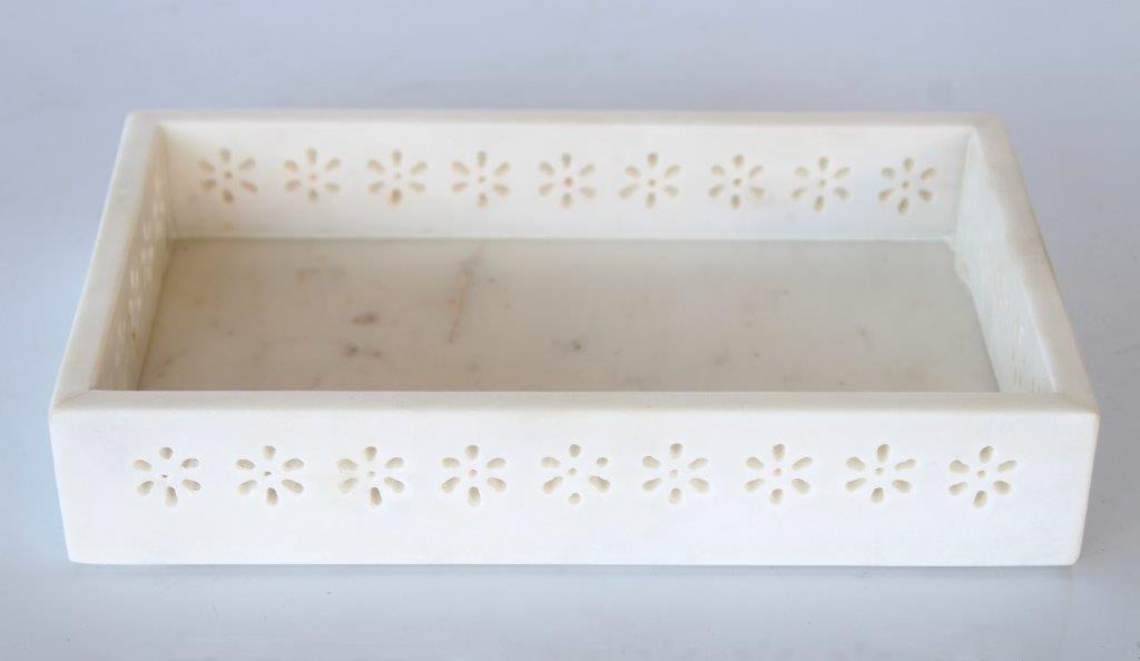 White Rectangular Daisy Cutout Marble Tray